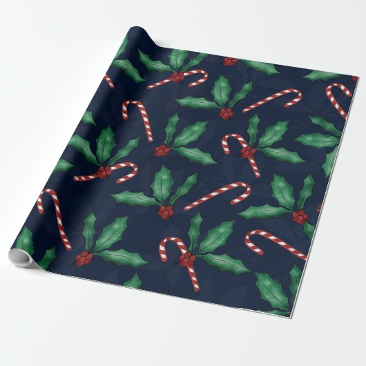 Blauwe groene Holly Leaves Red Berries Candy Cane Cadeaupapier (Uitgerold)