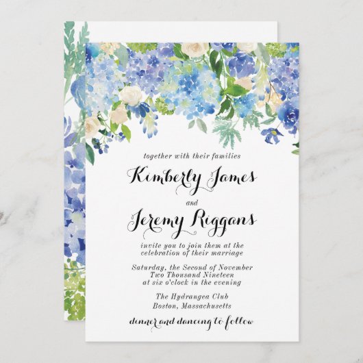 Blauwe Groene Hydrangea Bloem Bruiloft Uitnodiging (Voorkant / Achterkant)