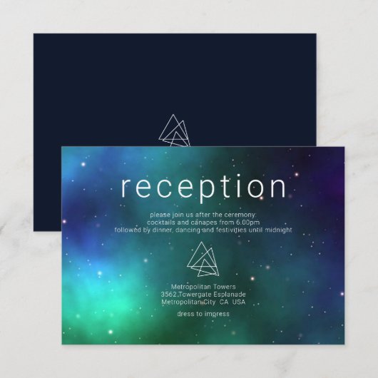 Blauwe groene Keltische Galaxy Modern Wedding Deta Informatiekaartje (Voorkant / Achterkant)
