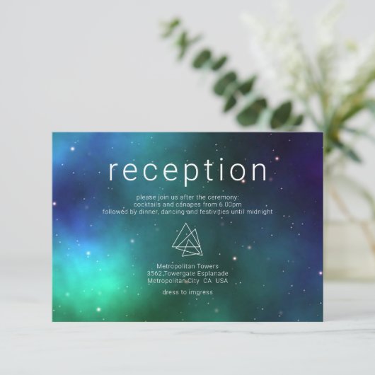 Blauwe groene Keltische Galaxy Modern Wedding Deta Informatiekaartje (Staand voorkant)