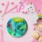 Blauwe groene marmer-kleurstof waterverf papieren bordje (Feest)