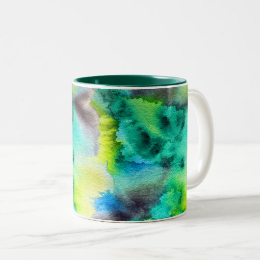 Blauwe groene marmer-kleurstof waterverf tweekleurige koffiemok (Voorkant rechts)