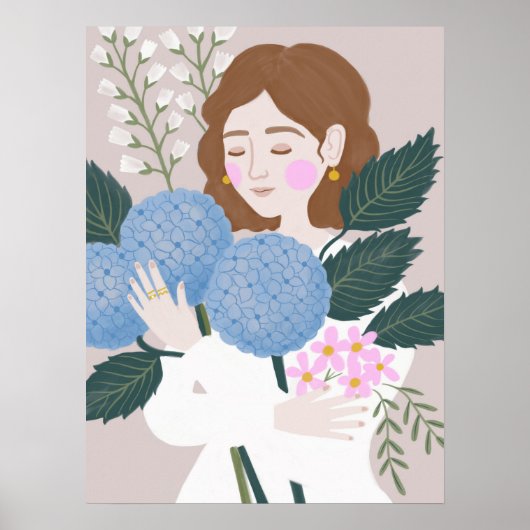  Blauwe Groene Meisjes Floral Illustratie Poster (Voorkant)