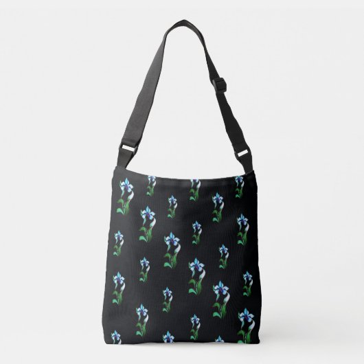 Blauwe groene neonbloemen op zwart crossbody tas (Voorkant)