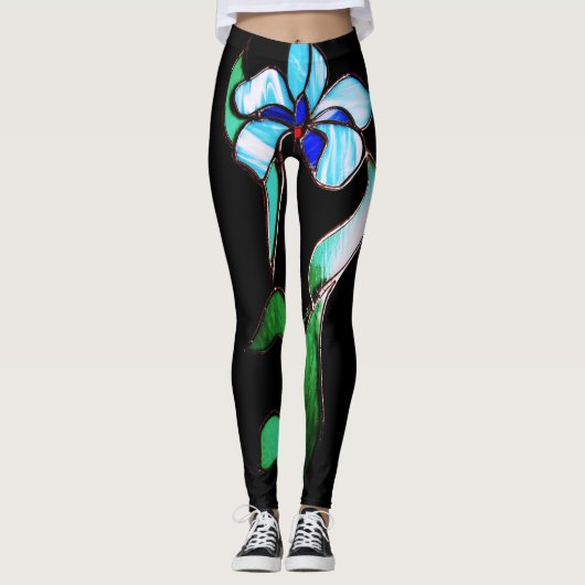 Blauwe groene neonbloemen op zwart leggings (Voorkant)