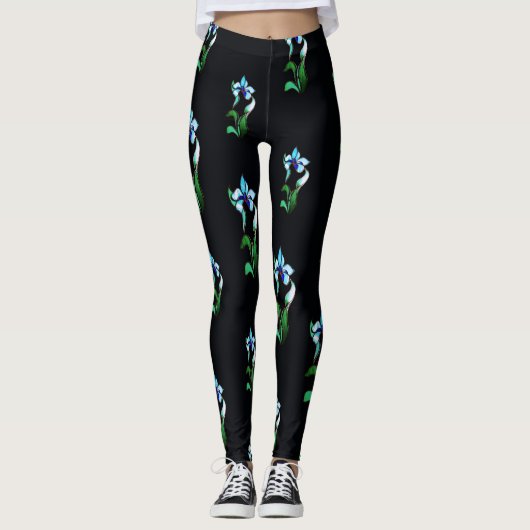 Blauwe groene neonbloemen op zwart leggings (Voorkant)