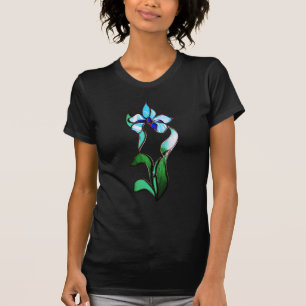 Blauwe groene neonbloemen op zwart t-shirt