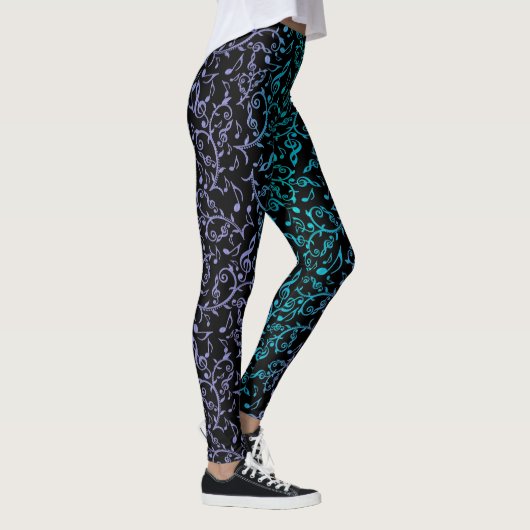 Blauwe groene Paarse Muzieknoten Leggings (Rechts)