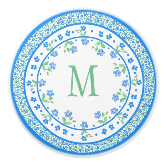  Blauwe Groene Periwinkles Floral Round Border Keramische Knop (Voorkant)