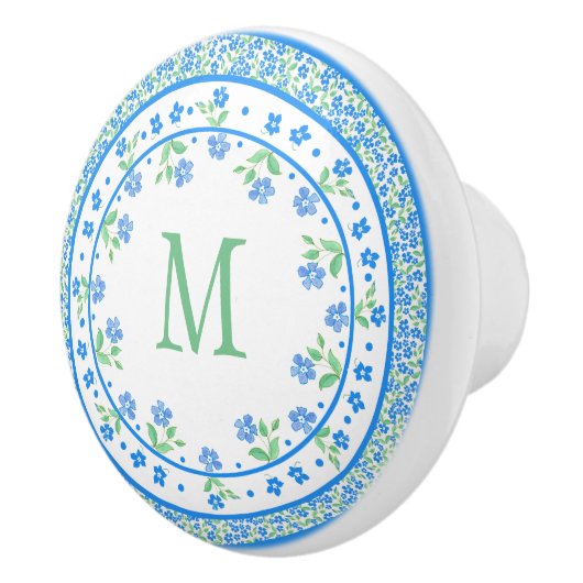  Blauwe Groene Periwinkles Floral Round Border Keramische Knop (Rechts)