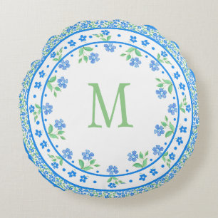 Blauwe Groene Periwinkles Floral Round Border Rond Kussen