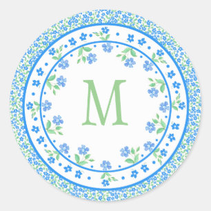  Blauwe Groene Periwinkles Floral Round Border Ronde Sticker