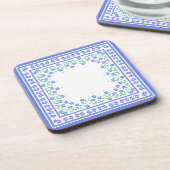  Blauwe Groene Periwinkles Floral Square Border Onderzetter (Linkerzijde)