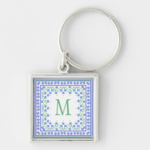  Blauwe Groene Periwinkles Floral Square Border Sleutelhanger