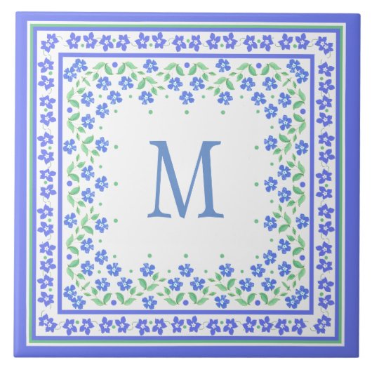 Blauwe Groene Periwinkles Floral Square Border Tegeltje (Voorkant)