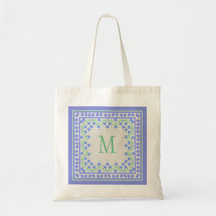 Blauwe Groene Periwinkles Floral Square Border Tote Bag