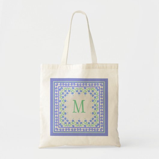  Blauwe Groene Periwinkles Floral Square Border Tote Bag (Voorkant)