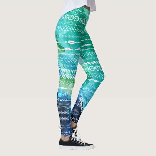 Blauwe groene pijlen Aztec Geometrische Waterverf Leggings (Rechts)