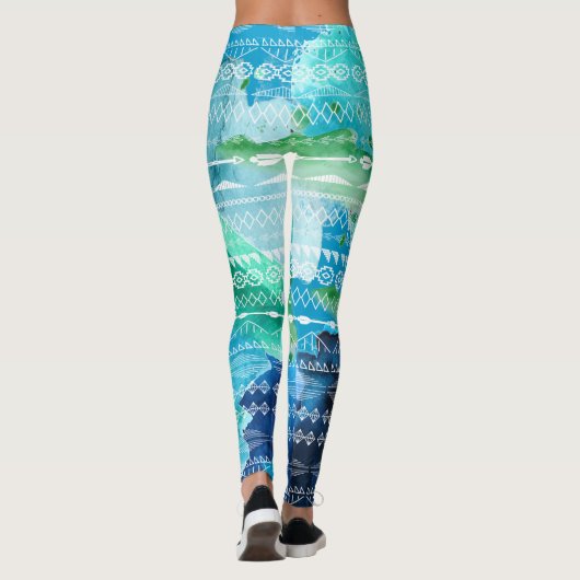 Blauwe groene pijlen Aztec Geometrische Waterverf Leggings (Achterkant)