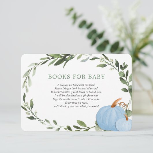 Blauwe groene pompoenen herfst boeken voor babyjon informatiekaartje (Staand voorkant)
