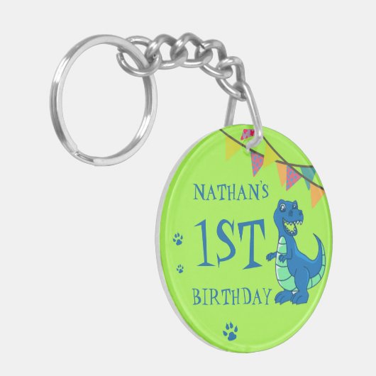 Blauwe Groene Poot Dinosaurus Thema Verjaardagsfee Sleutelhanger (Voorkant Links)