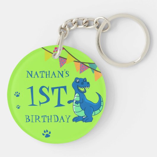 Blauwe Groene Poot Dinosaurus Thema Verjaardagsfee Sleutelhanger (Achterkant)