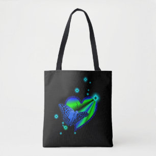 Blauwe groene regenbooghartslag met sterren op zwa tote bag