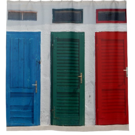 Blauwe groene rode deuren douchegordijn (Voorkant)