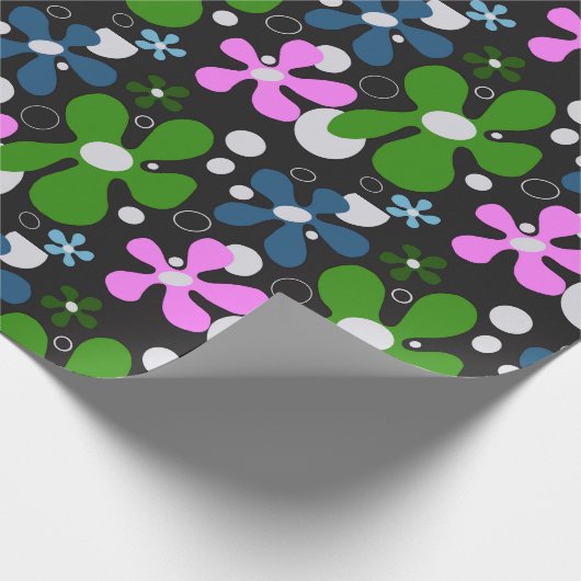 Blauwe, groene & roze funky bloemen cadeaupapier (Hoek)