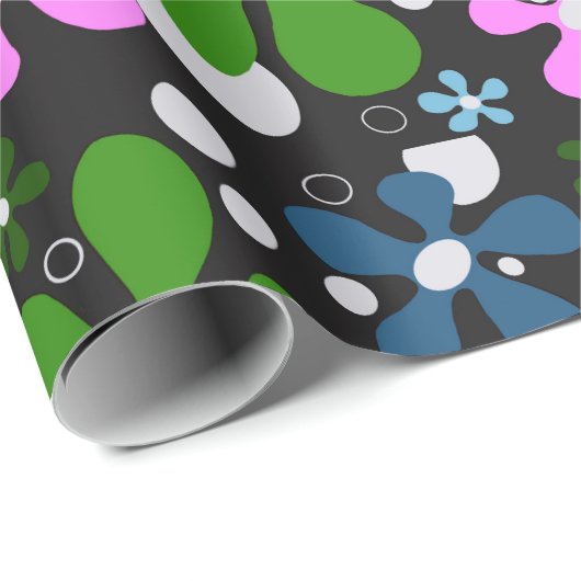 Blauwe, groene & roze funky bloemen cadeaupapier (Rol Hoek)