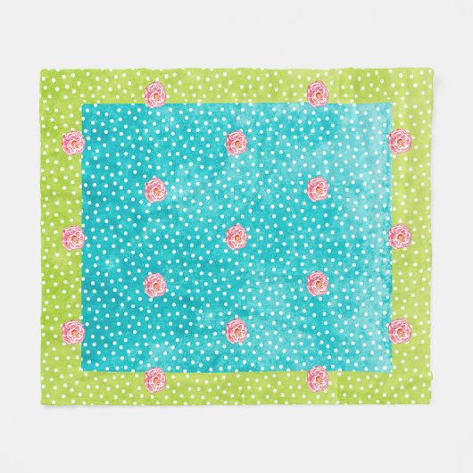 Blauwe groene Stippen Roses Fleece Blanket, medium (Voorkant (Horizontaal))