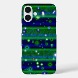 Blauwe groene strepen met sterren en regendruppels iPhone 16 plus hoesje