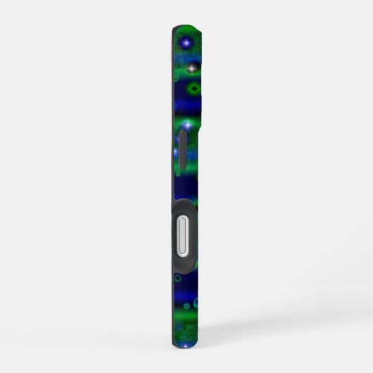 Blauwe groene strepen met sterren en regendruppels iPhone 16 hoesje (Rechterkant)