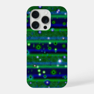 Blauwe groene strepen met sterren en regendruppels iPhone 15 pro case