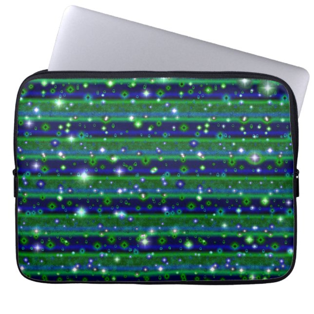 Blauwe groene strepen met sterren en regendruppels laptop sleeve (Voorkant)