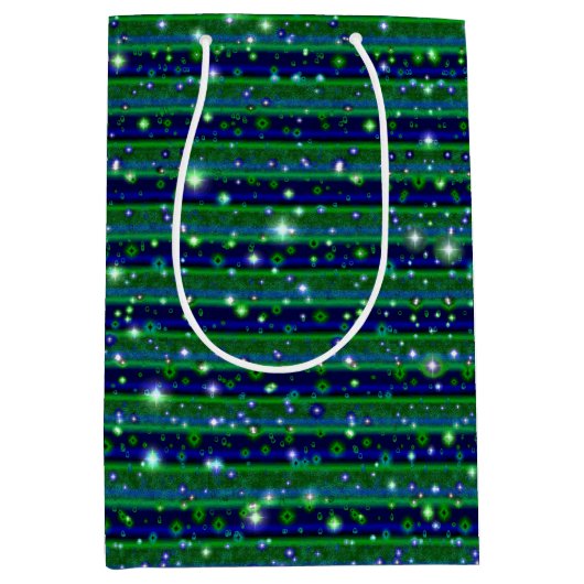 Blauwe groene strepen met sterren en regendruppels medium cadeauzakje (Voorkant)