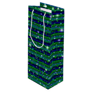 Blauwe groene strepen met sterren en regendruppels wijn cadeautas