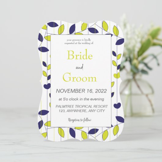 Blauwe groene tropische rillingen bruiloft kaart (Staand voorkant)