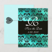 BLAUWE GROENE TURQUOISE DAMAST STOF, WITTE MONOGRA AANKONDIGINGSKAART (Voorkant / Achterkant)