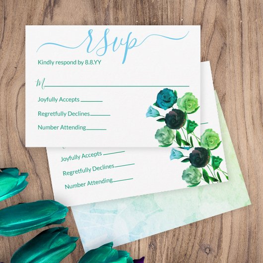Blauwe, groene, turquoise Rozen RSVP-behuizing Advieskaart