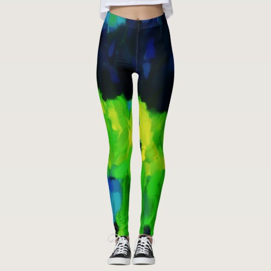 Blauwe Groene Verf Splatter Leggings (Voorkant)