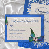 Blauwe, groene vlinder Quinceañera RSVP-kaart Advieskaart
