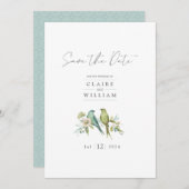 Blauwe groene vogels Floral Waterverf Weddenschap Save The Date (Voorkant / Achterkant)