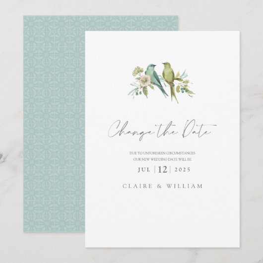 Blauwe groene vogels Floral Waterverf Wedding Feestdagenkaart (Voorkant / Achterkant)