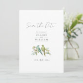 Blauwe groene vogels Floral Waterverf Wedding Save The Date (Staand voorkant)