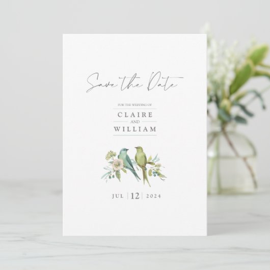 Blauwe groene vogels Floral Waterverf Wedding Save The Date (Staand voorkant)