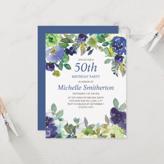 Blauwe groene Waterverf bloemen 50th Birthday Kaart (Voorkant / Achterkant in situ)