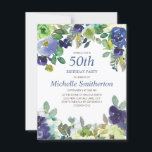 Blauwe groene Waterverf bloemen 50th Birthday Kaart<br><div class="desc">50e verjaardagsfeestdag met een  botanisch ontwerp van blauwe en groene waterverf bloemen. Ideaal voor je lente- of zomerfeest. Pas de tekst op deze kaart aan voor een verjaardagsfeestje voor elke leeftijd waarop je je viert.</div>