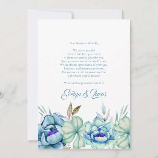 Blauwe, groene waterverf bloemen bloemen bloemen b bedankkaart (Achterkant)