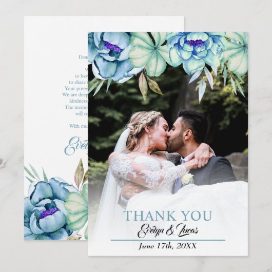 Blauwe, groene waterverf bloemen bloemen bloemen b bedankkaart (Voorkant / Achterkant)